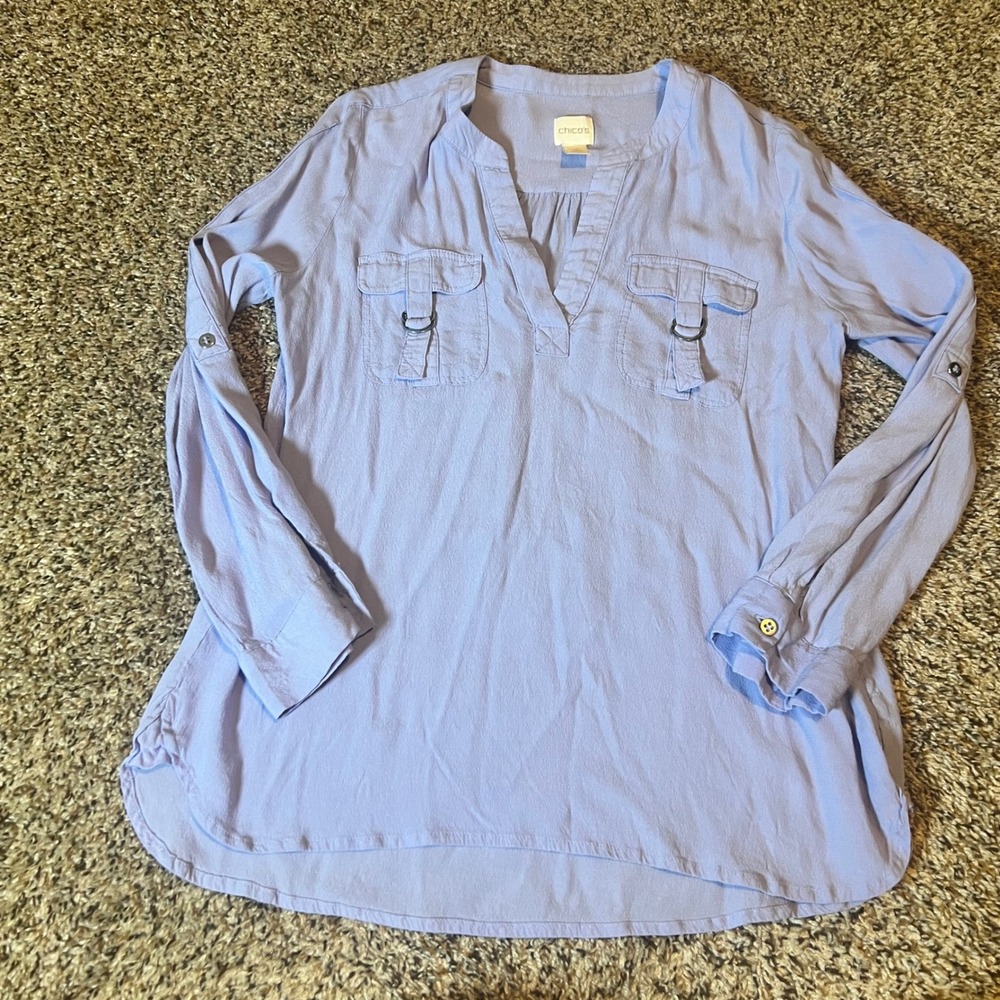 Chicos‎ Petite Periwinkle V Neck Roll Tab Sleeve Utility Pocket Top Size O(S)